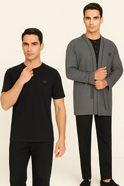 ROZELT Men's Gray 100% Cotton 5 Piece Robdöşambr & Boxed Pajama Set