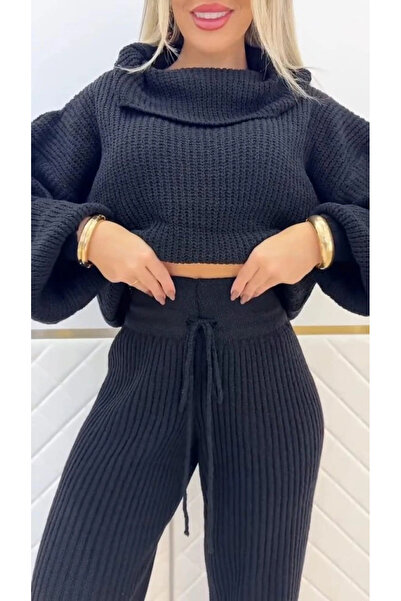 Butik Women's Long Sleeve Turtleneck Short Knitwear Blouse and Pants Two-Piece Set