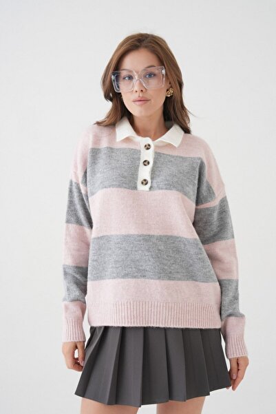 Noi Belis Oversized Color Block Half Placket Button Knitwear Sweater Aw25Kz0099