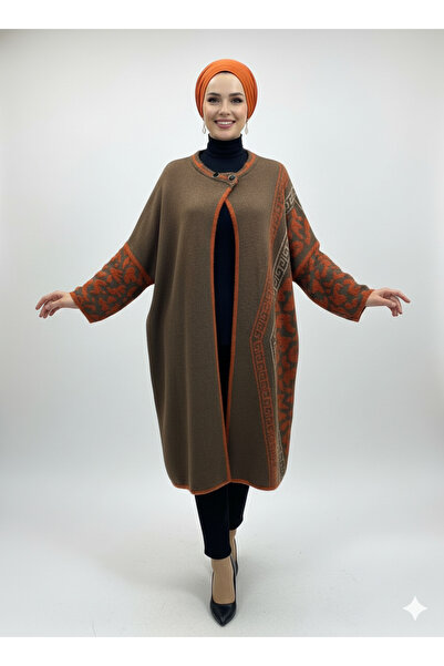 CELTMODA Women's Collared Buttoned Patterned Hijab Cashmere Poncho - Orange