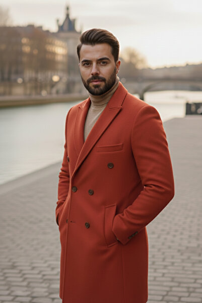 NAZEF Slim Fit Swallow Collar 80% Wool Tile Color Double-Breasted Coat