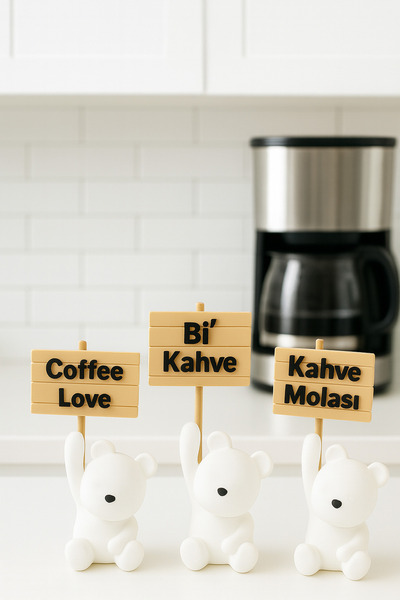 edoy Kahve Köşesi Dekor Beyaz Ayıcık Biblo Seti Masaüstü Mutfak Kafe Hediyelik Süs Eşyası