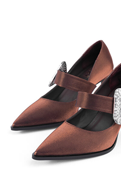 MARY Special Series Jane High Heels Designed with Luxurious Textured Fabric and Glittering Triangle Buckle