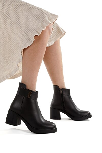 Modabuymus Μαύρες γνήσιες δερμάτινες μπότες με χοντρό τακούνι καθημερινά γυναικεία μποτάκια Sun44