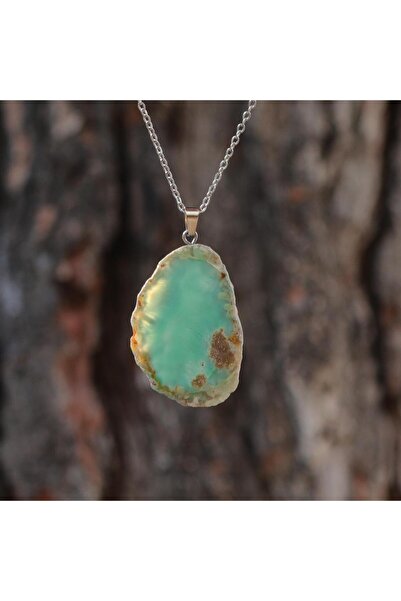 Taş Sandığı Yeşil Akik Taşı Dilim Kolye – Çelik Zincirli