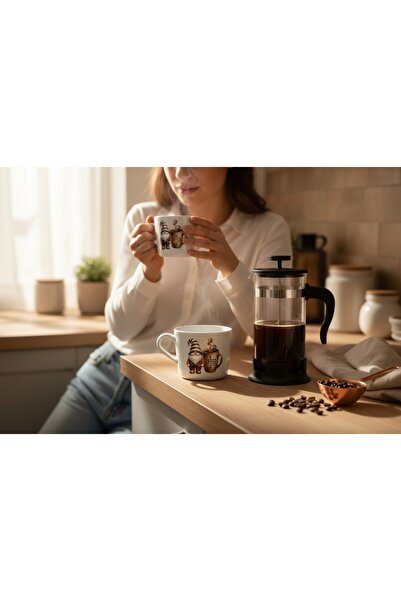ODİ HOME Filter Coffee Set French Press 1 Liter and 2 Pieces Printed Mugs 240 ml