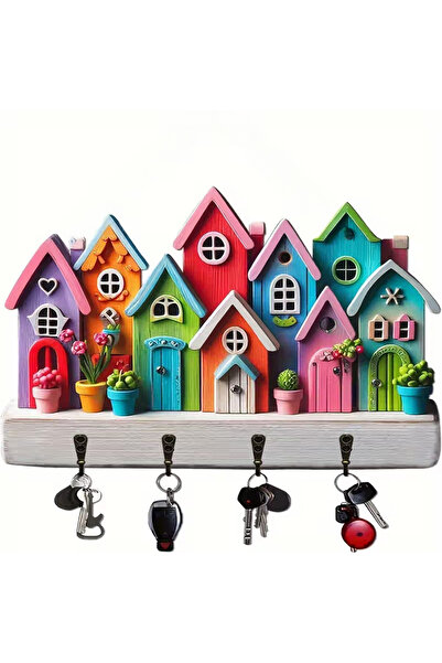 TuraLazerKesim 2D Düz, Çok Amaçlı Ahşap Anahtarlık, Dört Metal Kancalı, Duvar...