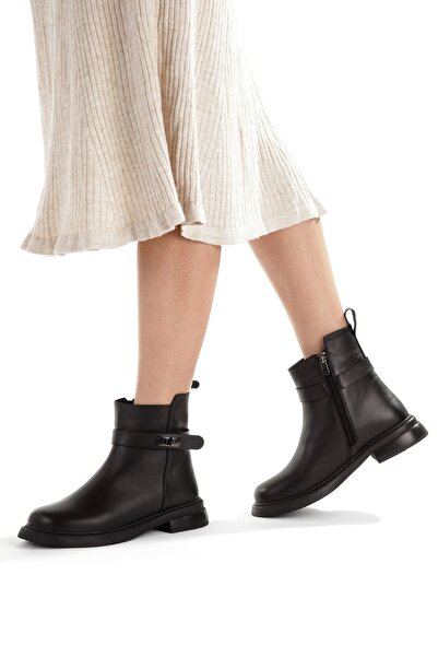 Modabuymus Μαύρες γνήσιες δερμάτινες καθημερινές γυναικείες μπότες χωρίς τακούνι Ar26