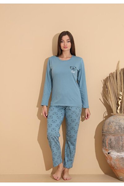 TOSKI Pijama damă albastru deschis, bluză „Cute” cu ursuleț și pantaloni cu i...