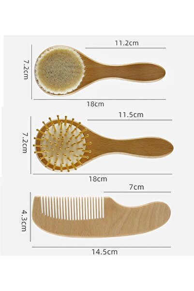 Generic Baby 3-Piece Brush & Comb Set - Natural Soft Goat Bristles, Beech & Maple Wood, Brown (Shak)