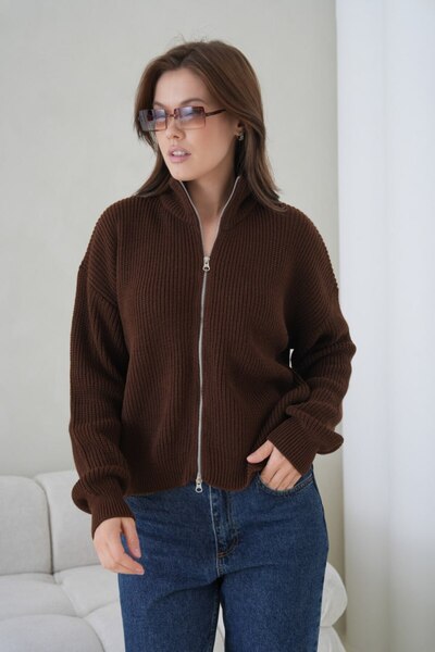 Noi Belis Oversized Mock Neck Zippered Knitwear Cardigan Aw25Hi0065