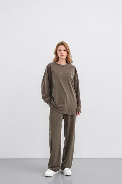 Basicpark Khaki Women's Tncl Mixed Soft Textured Ribbed Wide Leg Basic Top and Bottom Set