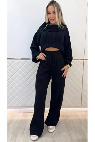 Butik Women's Long Sleeve Turtleneck Short Knitwear Blouse and Pants Two-Piece Set
