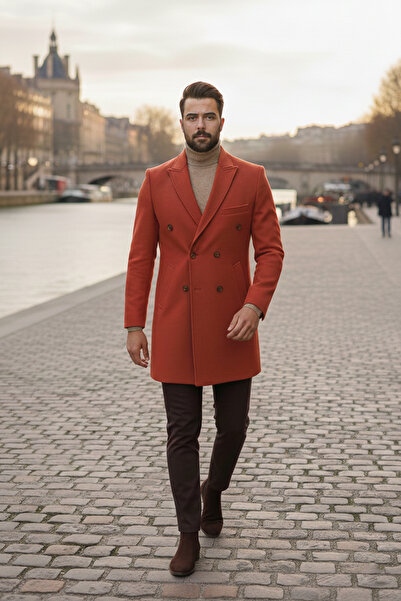 NAZEF Slim Fit Swallow Collar 80% Wool Tile Color Double-Breasted Coat