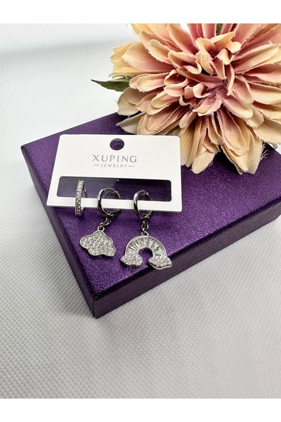 XUPING JEWELRY Set of 3 Steel Earrings with Cloud and Rainbow Figures and Zir...
