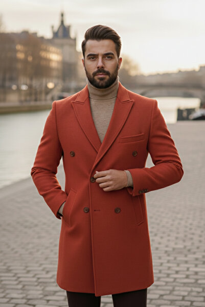 NAZEF Slim Fit Swallow Collar 80% Wool Tile Color Double-Breasted Coat