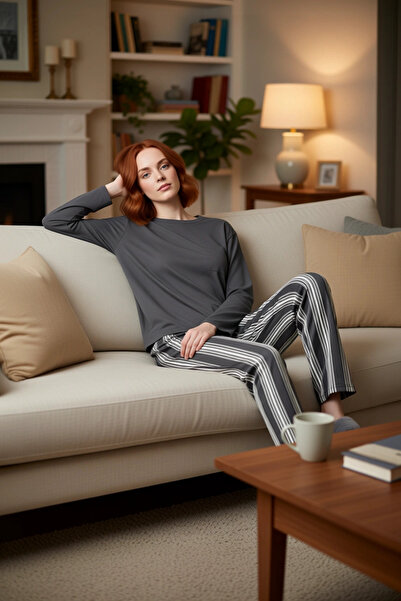 PayBuy Γυναικείο σετ πιτζάμες από βαμβακερό ριγέ ανθρακί, λειτουργικό, ανθεκτικό, ποιοτικό, άνετο και casual