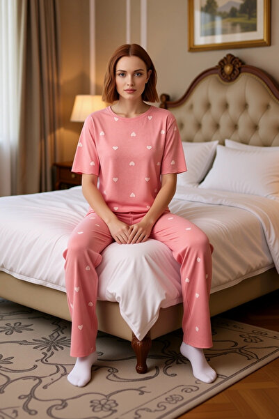 PayBuy Women's Heart Patterned Crew Neck Pajama Set Functional Durable Quality Comfortable Stylish