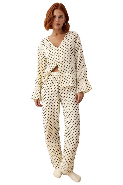 PayBuy Polka Dot Muslin Woven Shirt Pants Set Women's Functional Durable Quality Comfortable