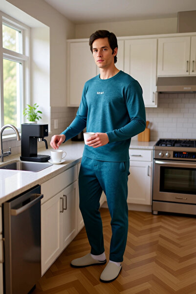 PayBuy Men's Anthracite Crew Neck Printed Long Sleeve Pajama Set Functional Durable Modern