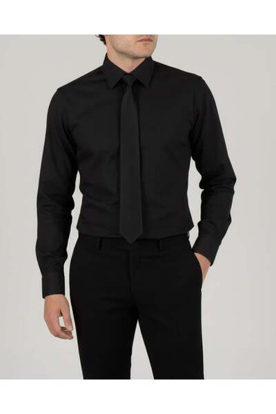 TerziAdemAltun Italian Style S Slim Fit Tie Collar Men's Shirt Black T13814
