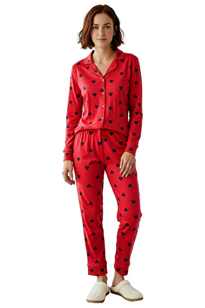 PayBuy Women's Heart Patterned Shirt Collar Pajama Set Functional Durable Quality Comfortable Casual