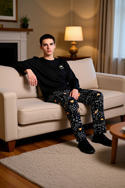 PayBuy Men's Khaki Galaxy Patterned Embroidered Pajama Set Functional Durable Quality Comfortable Stylish