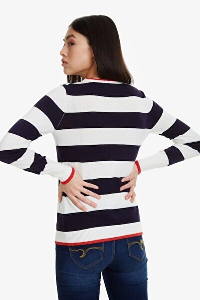 Desigual Pulover Love, cu dungi Alb/Negru, XS