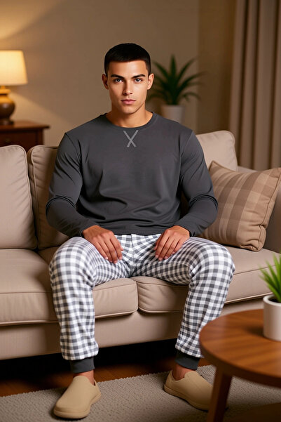PayBuy Men's Anthracite Crew Neck Plaid Patterned Pajama Set Functional Durable Quality Stylish