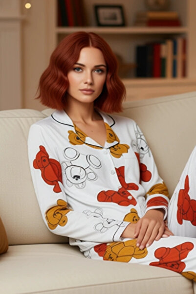 PayBuy Women's Teddy Bear Patterned Shirt and Pipe Leg Pajama Set Functional Durable Quality Sports