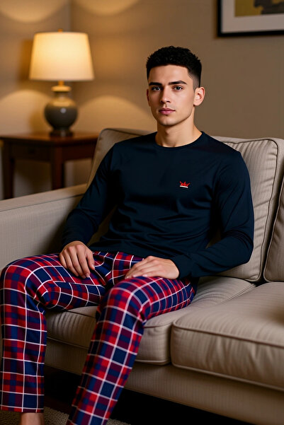 PayBuy Ανδρικό σετ πιτζάμες με καρό σχέδιο ανθρακί με λαιμόκοψη, λειτουργικό,...