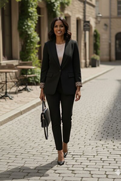 diaves Black Shawl Collar Folded Leopard Lined Sleeve Single Button Jacket Carrot Pants Suit