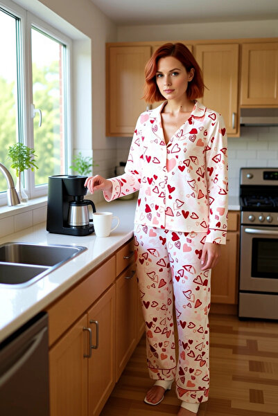 PayBuy Women's Heart Patterned Viscose Pajama Set Functional Durable Quality Comfortable Aesthetic Stylish