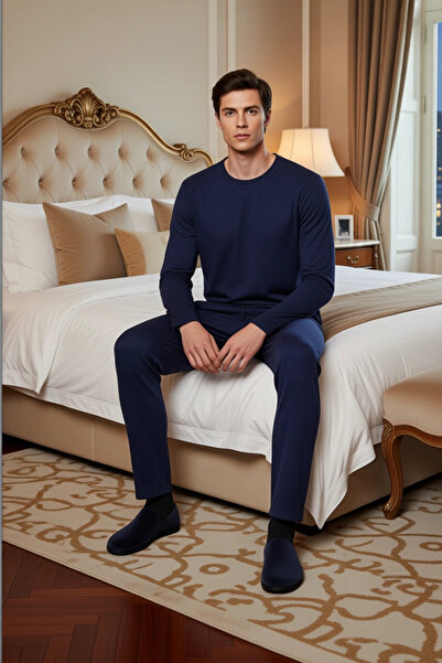 PayBuy Men's Waffle Textured Pajama Set Crew Neck Long Sleeve Regular Fit Functional Aesthetic