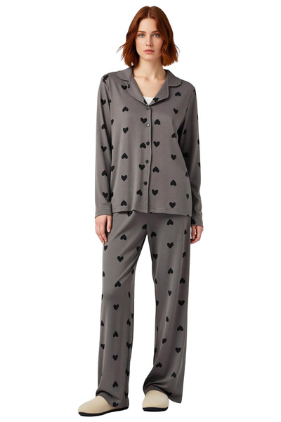 PayBuy Women's Heart Patterned Shirt Collar Pajama Set Functional Durable Quality Comfortable Casual