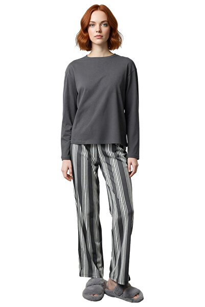 PayBuy Γυναικείο σετ πιτζάμες από βαμβακερό ριγέ ανθρακί, λειτουργικό, ανθεκτικό, ποιοτικό, άνετο και casual