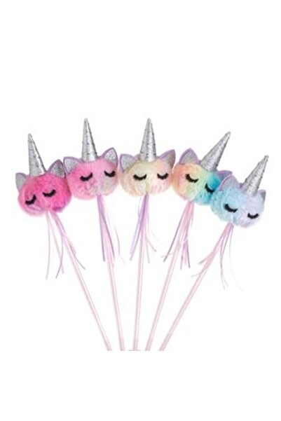 Silver Star Baghetă magică 3D cu cap de unicorn, din blană artificială colorată, curcubeu și sclipici argintiu, 39 cm