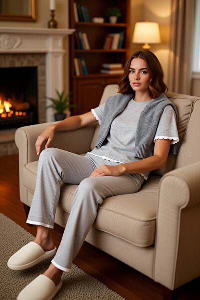 PayBuy Women's Melange Crew Neck Short Sleeve Pajama Set Functional Durable Quality Aesthetic