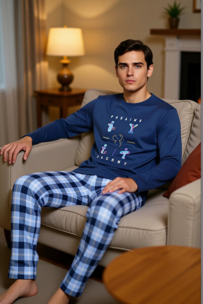PayBuy Ανδρικό καρό βαμβακερό σετ πιτζάμες με λαιμόκοψη με μακρύ μανίκι Λειτουργικό ανθεκτικό και κομψό
