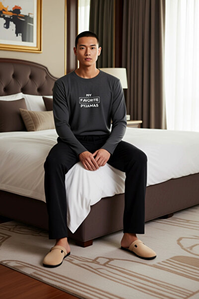 PayBuy Men's Anthracite Crew Neck Slogan Printed Pajama Set Functional Durable Quality Stylish