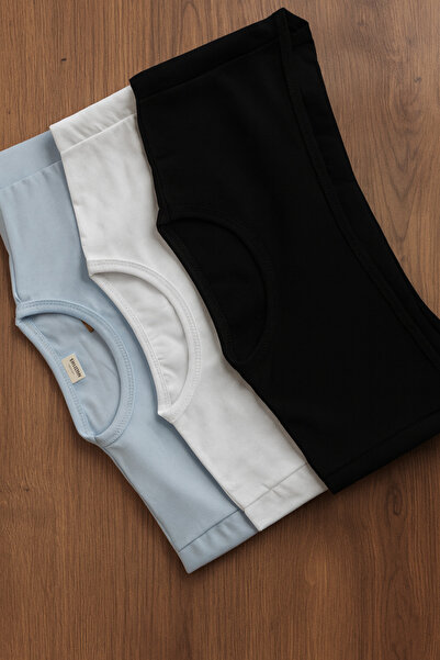 mirach 3-Piece Economical Set Zero Round Neck Collar Sleeves Light Blue White Black Body Flexible Stretch Fabric