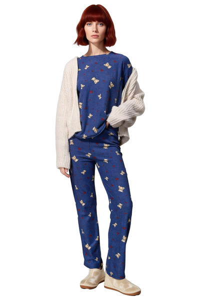 PayBuy Women's Teddy Bear and Heart Patterned Fleece Pajama Set Functional Durable Quality Comfortable Stylish