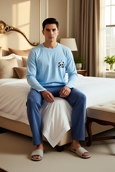 PayBuy Ανδρικό σετ πιτζάμες με μακρυμάνικο λαιμόκοψη Khaki Panda με τύπωμα Λειτουργικό ανθεκτικό αθλητικό