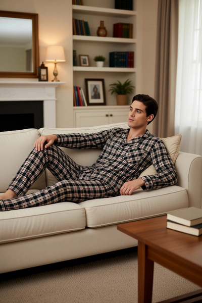 PayBuy Set de pijamale pentru bărbați, cămașă și pantaloni țesute în carouri,...