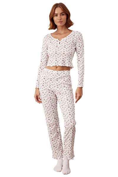 PayBuy Set de pijamale material reiat pentru femei, cu detalii din dantelă florală, funcțional, durabil, de calitate, confortabil