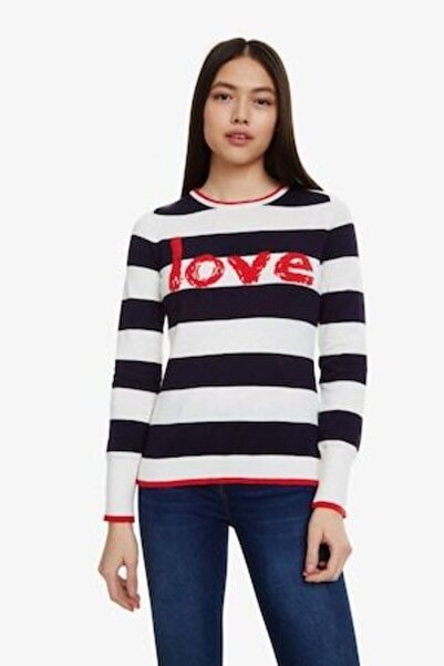 Desigual Pulover Love, cu dungi Alb/Negru, XS