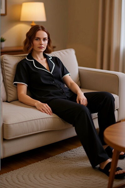 PayBuy Set de pijamale cu broderie cu guler pentru cămașă pentru femei Funcți...