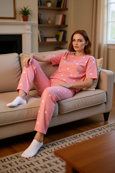 PayBuy Women's Heart Patterned Crew Neck Pajama Set Functional Durable Quality Comfortable Stylish
