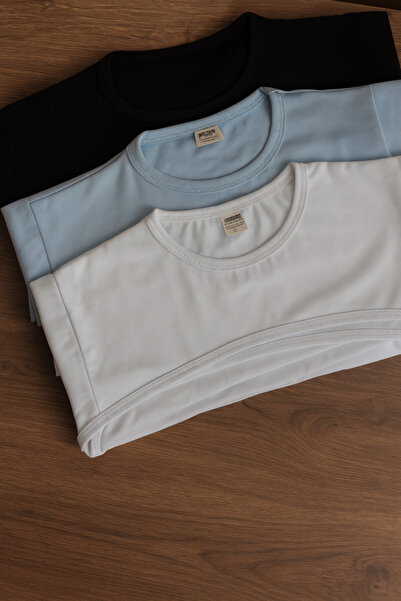 mirach 3-Piece Economical Set Zero Round Neck Collar Sleeves Light Blue White Black Body Flexible Stretch Fabric