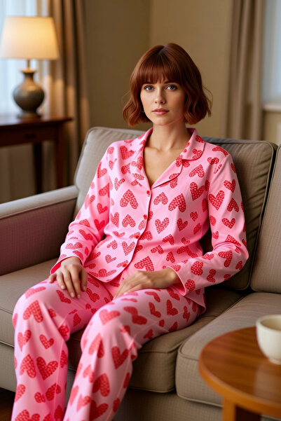 PayBuy Γυναικείο σετ πιτζάμες με μοτίβο ανοιχτής καρδιάς με γιακά πουκάμισο Λ...